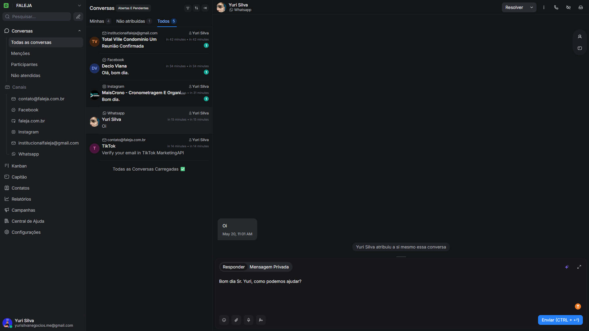 Dashboard do FaleJá com conversas de WhatsApp, Instagram, Facebook e E-mail no mesmo painel